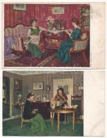 4 db RÉGI művész képeslap: kávézó hölgyek / 4 pre-1945 art postcards: ladies having coffee