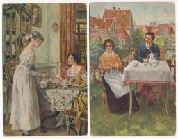 4 db RÉGI művész képeslap: kávézó hölgyek / 4 pre-1945 art postcards: ladies having coffee
