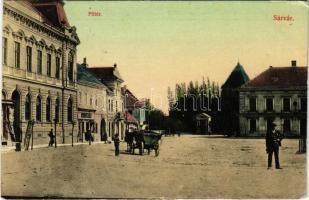 1912 Sárvár, Fő tér, lovaskocsi, Bass Sámuelné üzlete