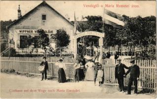 1908 Budapest II. Hűvösvölgy, Wippner vendéglője a remetéhez a Mária Remetei úton, magyar zászló (Rb)