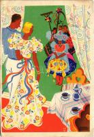 1937 Kávézás az aratóünnepen. Indanthren textil festék reklámlap / Hungarian folklore, Indanthren textile paint advertisement (EB)