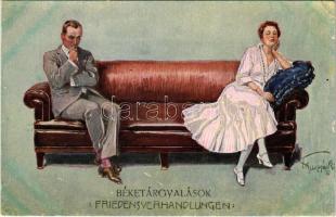 Béketárgyalások / Friedensverhandlungen / Romantic couple, lady art postcard. artist signed (EK)