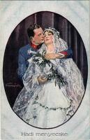 Hadi menyecske / WWI Austro-Hungarian K.u.K. military art postcard, soldiers wife, romantic couple. P.G.W.I. 139. artist signed (EK)