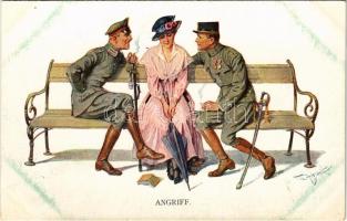 Angriff / WWI German military art postcard, Lady with flirting German military officers, humour. M. Munk Wien Nr. 1118. s: Zasche