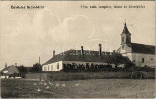 1927 Szomód (Tata), Római katolikus templom és iskola, községháza. Lindenberg Adolf kiadása