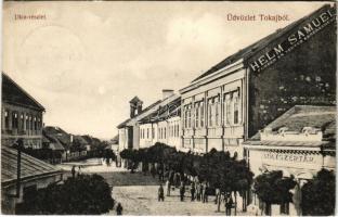 1911 Tokaj, utca, gyógyszertár, Helm Sámuel fűszer és vaskereskedése és saját kiadása (EK)