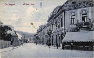 1914 Esztergom, Lőrincz utca, Korona szálloda és kávéház, mozgófénykép színház, mozi. Szőllősy Testvérek kiadása (EK)