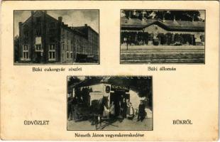 1928 Bük, Cukorgyár, vasútállomás (a kibővítés utáni de még a Déli Vasút állomásaira jellemző vakolatlan nyerstégla fallal), Németh János vegyeskereskedő üzlete (EK)