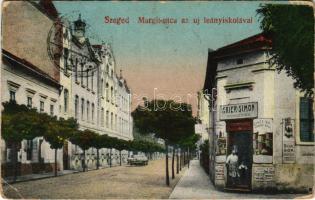 1921 Szeged, Margit utca és új leányiskola, Krier Simon üzlete (Rb)