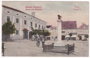 1909 Rohonc, Rechnitz; Fő tér, szobor, Schönwald Mór üzlete. W.L. Bp. 2388. Stelczer Adolf kiadása / Hauptplatz, Denkmal / main square, statue, shop