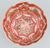Japán, Kutani, Fuku rizses tál. Kézzel festett, jelzett. XIX.sz. vége, kopással d: 19 cm