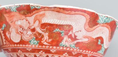 Japán, Kutani, Fuku rizses tál. Kézzel festett, jelzett. XIX.sz. vége, kopással d: 19 cm