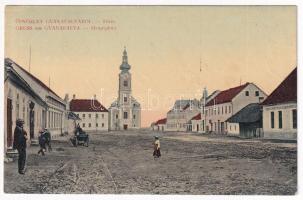 1918 Gyanafalva, Jennersdorf; Fő tér, templom, hentes üzlete. Sbüll F. István kiadása / Hauptplatz, Kirche, Fleischraufen / main square, church, butcher shop (EK)