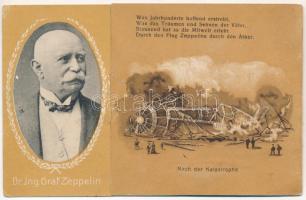 Dr. Ing. Graf Zeppelin. Nach der Katastrophe / Zeppelin léghajó a katasztrófa után. Kinyitható szecessziós litho mechanikus képeslap / Zeppelin airship after the catastrophe. Art Nouveau folding mechanical litho postcard (hajtásnál szakadt / bent til broken)