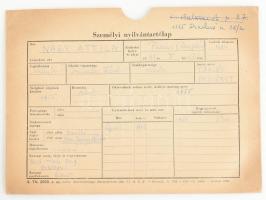 cca 1963 Nagy Attila (1933-1992) színművész személyi nyilvántartó lapja, valamint saját kézzel írt ö...