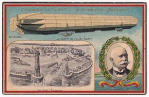 Zeppelins Luftschiff - Le dirigeable Zeppelin. Luftschiff in voller Fahrt, Lindau i. Bodensee / Graf Zeppelin, Zeppelin kormányozható léghajó, szecessziós dombornyomott litho / Zeppelin controllable airship. H. Guggenheim & Co. No. 14640.Art Nouveau, embossed litho