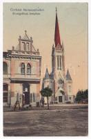 1913 Muraszombat, Murska Sobota; Evangélikus templom, Nemecz János üzlete. Balkányi Ernő kiadása / Lutheran church, shop (EK)