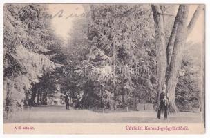 1907 Korond, Corund; Fő sétaút a gyógyfürdőről, klimatikus gyógyhely, sós és szénsavas vasas fürdők, ásványvíz kefir és tejkúra belégzési gyógymód, csendőr. Gáspár Gyula kiadása / main promenade in the spa park, advertisements