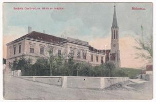 1910 Rohonc, Rechnitz; Szejbely Gyula tér, evangélikus iskola és templom. Stern József kiadása / Platz, Schule, Kirche / square, school, church (Rb)