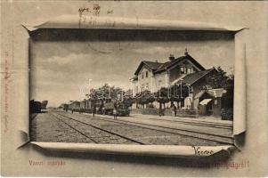 1902 Ipolyság, Sahy; Vasútállomás, vasúti indóház, gőzmozdony, vonat. Kanyó Antal kiadása / railway station, locomotive, train. Art Nouveau (gyűrődés / crease)