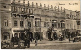 1915 Eperjes, Presov; Rákóczi ház, piac, Spira Henrik, Eichenbaum M., Goldwender, Gallotsik és Moskovits-cipőgyár üzlete / mansion, shops, market
