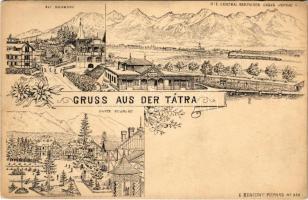 Tátra, Magas-Tátra, Vysoké Tatry; Alt-Schmecks, Unter-Schmecks, Die Central Karpathen gegen Poprad. E. Benigny No. 968. / Ótátrafüred, Alsótátrafüred, kávéház / Stary Smokovec, Dolny Smokovec, cafe. Art Nouveau, floral (non PC) (kis szakadás / small tear)