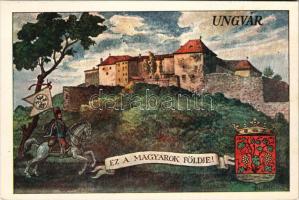 Ungvár, Uzshorod, Uzhhorod, Uzhorod; Ez a magyarok földje! vár, irredenta művészlap címerrel. Fébé-nyomda / castle, Hungarian irredenta art postcard with coat of arms s: Biczó András