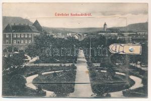 1912 Szekszárd. Leporellolap belül Garay tér és szobor, Szekszárd szálló, Kaszinó bazár, takarékpénztár, pénzügyi palota, főgimnázium - Fischhof Mór kiadása (r)