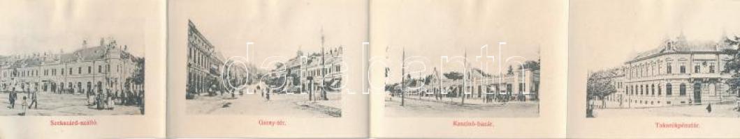 1912 Szekszárd. Leporellolap belül Garay tér és szobor, Szekszárd szálló, Kaszinó bazár, takarékpénz...