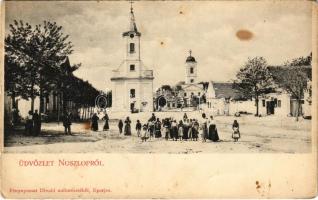 1909 Noszlop, Fő tér, templomok. Fénynyomat Divald műintézetéből (EB)