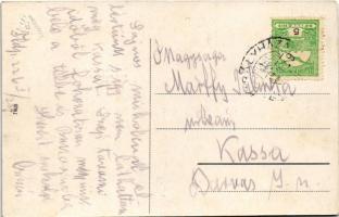 1916 Királyháza, Korolevo, Královo nad Tisou; Vöröskereszt épület és a vasúti átjáróhíd a vasútállom...