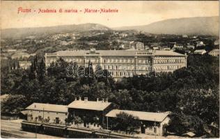 1913 Fiume, Rijeka; Osztrák-magyar haditengerészeti akadémia, vasútállomás vonattal / Academia di marina / K.u.K. Kriegsmarine Marine Akademie. Stengel & Co. / Austro-Hungarian Navy academy, railway station, train