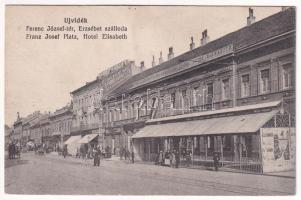 Újvidék, Novi Sad; Ferenc József tér, Erzsébet szálloda, Wagner testvérek, Schreiber Ármin üzlete. Ízlelje meg 5-féle pörkölt kávénkat! Hajós tőzsde kiadása / square, hotel, shops, coffee advertisement (ázott / wet damage)