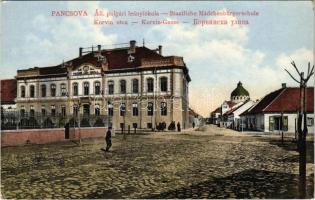 Pancsova, Pancevo; Állami polgári leány iskola, Korvin utca, zsinagóga. Kohn Samu kiadása / girl school, synagogue, street