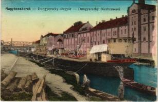 1915 Nagybecskerek, Zrenjanin, Veliki Beckerek; Dungyerszky sörgyár, híd, ERNŐ uszály, lakóhajó / Bierbrauerei / brewey, barge, bridge