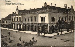 Versec, Werschetz, Vrsac; Városháza, Szavits Gedeon, Herter Zsigmond és Siegvár János üzlet, Városi villamos telep szerelési és eladási raktára / town hall, shops