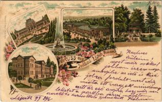 1899 (Vorläufer) Lipik, Jodbad, Cursalon, Springbrunnen, Wandelbahn, Jodquelle, Curhotel / spa, fountain, promenade, well, hotel. floral, Art Nouveau, litho (Rb)