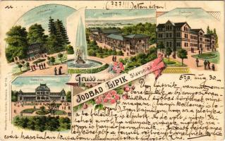 1898 (Vorläufer) Lipik, Jodbad, Cursalon, Wandelbahn, Jodquelle, Curhotel / spa, fountain, promenade, well, hotel. floral, Art Nouveau, litho