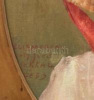 XX. sz. elején működött magyar festő: Kalapos hölgy portréja, 1909. Olaj, vászon. Jelzés nélkül. Bal...