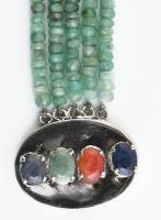 Ezüst (Ag) kapoccsal, zafír, smaragd, rubin szemes nyaklánc, jelzett, h: 42 cm