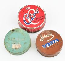 3 db régi fémdoboz: Schmoll Vesta paszta, Ciro shoe cream, Legfinomabb Sárkány-féle bőrvaselin, d: 7,5-8,5 cm