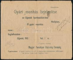 1921 Újpest, Magyar Pamutipar Részvénytársaság gyári munkás bejelentése