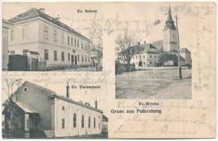 1912 Barcaszentpéter, Petersburg, Petersberg, Sanpetru; Evangélikus templom, iskola és tornaiskola. W. Muntean kiadása, H. Lang / Schule, Turnschule, Kirche / Lutheran church, school, and gymnastics school (EK) + SZENTPÉTER BRASSÓ VM POSTAI ÜGYN