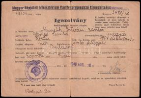 1948 Debrecen, igazolvány hadifogságból hazatért katona részére, hajtott