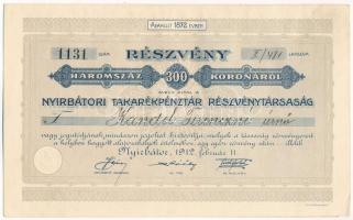 Nyírbátor 1912. "Nyírbátori Takarékpénztár Részvénytársaság" névre szóló részvénye 300K-ról, szárazpecséttel, szelvénnyel T:AU kis folt