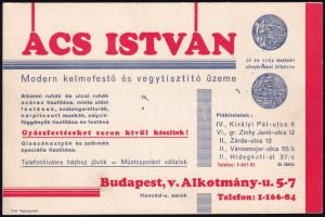 1937 Bp. V., Ács István modern kelmefestő és vegytisztító üzeme reklámlap