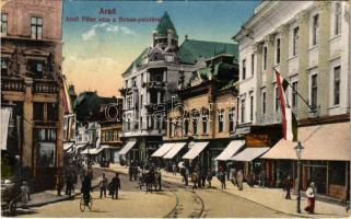 1919 Arad, Atzél Péter utca, Bohus palota, magyar zászló, Fehér Kereszt szálloda. Kerpel Izsó kiadása / street, hotel, Hungarian flags (EK)