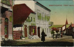 Bánffyhunyad, Huedin; Fő tér, Goldstein Bernát bádogos, Diamantstein Nándor özlete / main square, shops (fa)