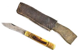 Régi zsebkés, agancs és fém nyéllel, jelzés nélkül, bőr tokkal, h: 19,5 cm