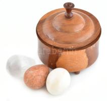 3 db kő / féldrágakő (holdkő, tejkvarc) tojás, fedeles kerek fadobozban, doboz d: 13 cm